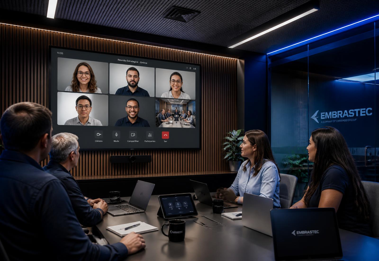 Sala de reunião corporativa com sistema de videoconferência entregue pela ES Tech