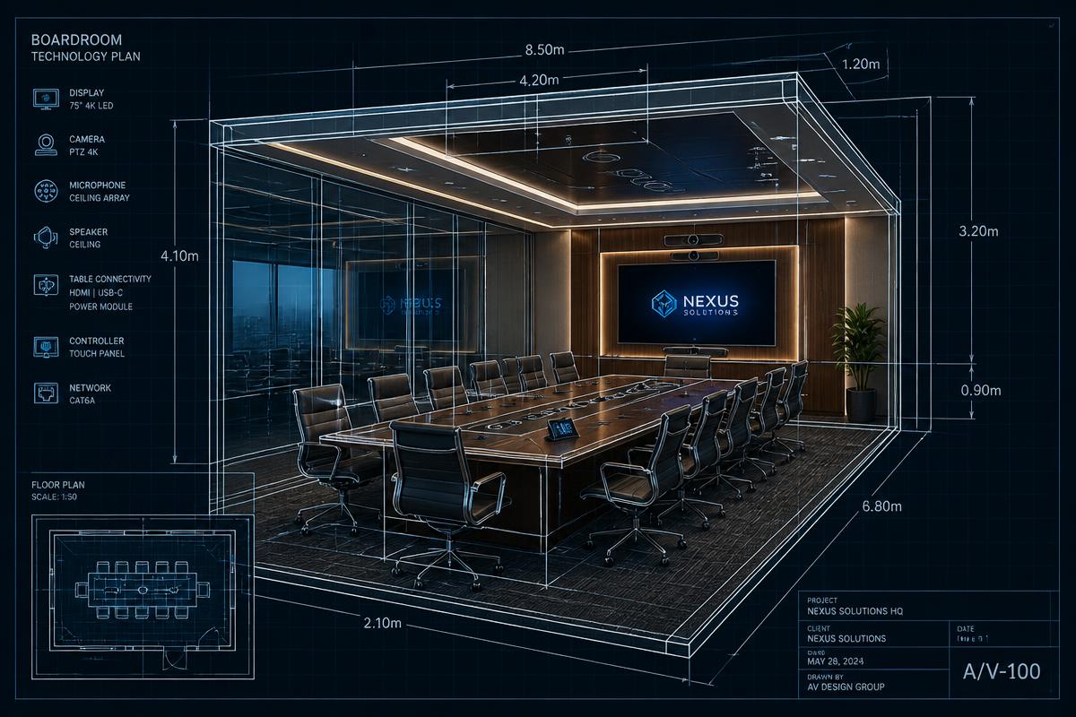 Simulação 3D de projeto de sala de reunião com medidas e equipamentos especificados